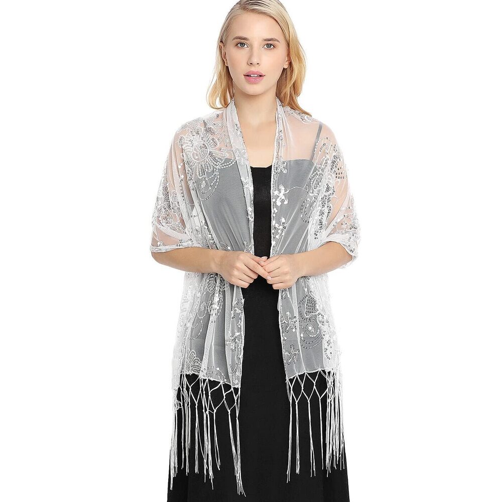 3133 Sequin Shawls And Wraps For Evening Dresses 1920s Lace Fringe Scarf